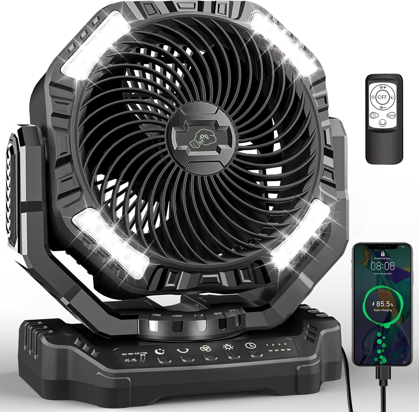 40,000mAh Battery Operated Fan, 13" Remote Camping Fan with LED Auto-Oscillating Rechargeable Fan Powerful Portable Desk Fan for Home, Camping, RV, Courtyard, Picnic, Emergency Power