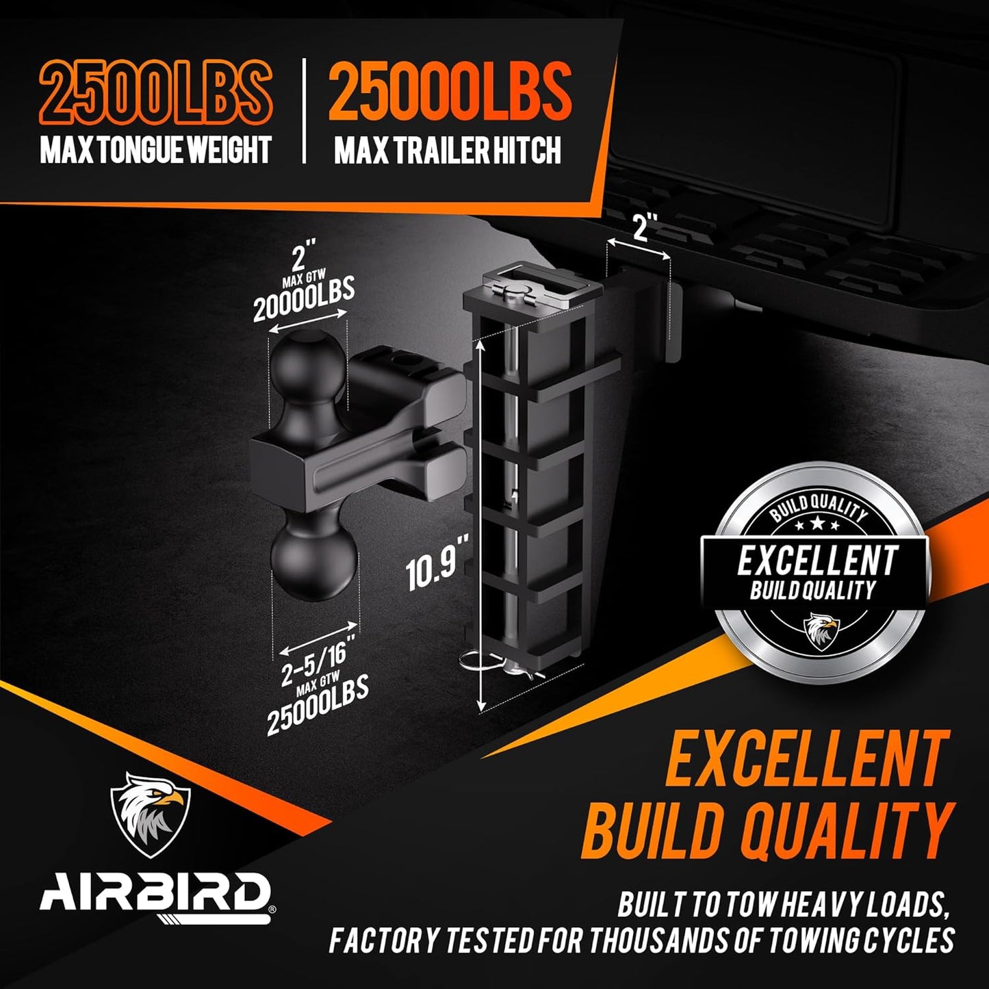 Adjustable Trailer Hitch Fits 2-Inch Receiver, Heavy Duty Tow Hitches (17000 LBS GTW) 6 Inch Drop Truck Hitch Tri-Ball Mount with Hook (1-7/8" x 2" x 2-5/16")