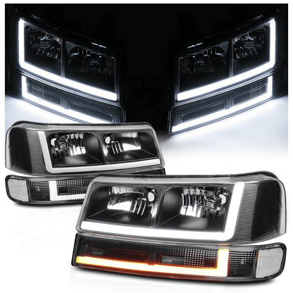 A set of 4 LED running light bars L+R black headlights + bumper signals for 2003-2014 Chevrolet Express 1500,2003-2023 Chevrolet Express 2500