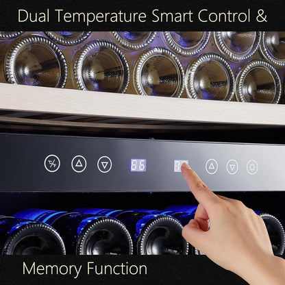 24 inch Wine Cooler, 46 Bottle - Dual Zone Built-in or Freestanding Fridge with Stainless Steel Reversible Glass Door, for Home, Kitchen, or Office.