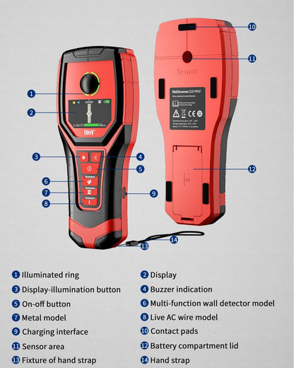 5 in 1 Stud Finder Wall Scanner Rechargeable with 9 Sensors for Precise Center and Edge of AC Wire Magnetic Metal Joist Wood Pipe Detection, HD Color Display Position & Depth, Audio Light Alarm