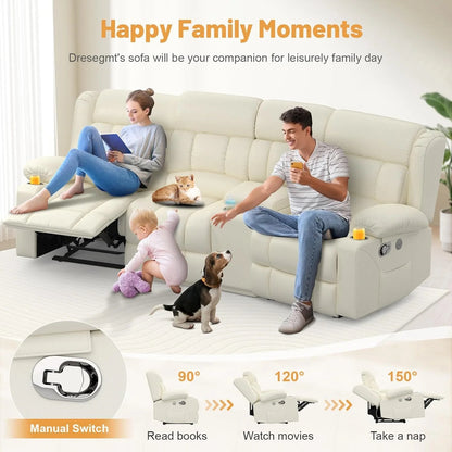 3 Seat Reclining Sofa with Storage Drawer USB Ports & Cup Holders Manual Couch