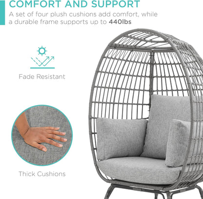 Best Choice Products Wicker Egg Chair, Oversized Indoor Outdoor Lounger for Patio, Backyard, Living Room w/ 4 Cushions, Steel Frame, 440lb Capacity - Ivory