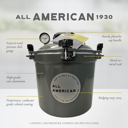 All American 1930: 21.5qt Pressure Cooker/Canner (The 921) – Exclusive Metal to Metal Sealing System – Easy to Open & Close – Suitable for Gas, Electric, or Flat Top Stoves – Made in the USA