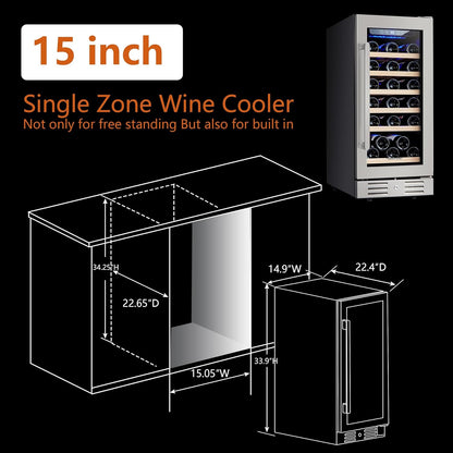 24 inch Wine Cooler, 46 Bottle - Dual Zone Built-in or Freestanding Fridge with Stainless Steel Reversible Glass Door, for Home, Kitchen, or Office.