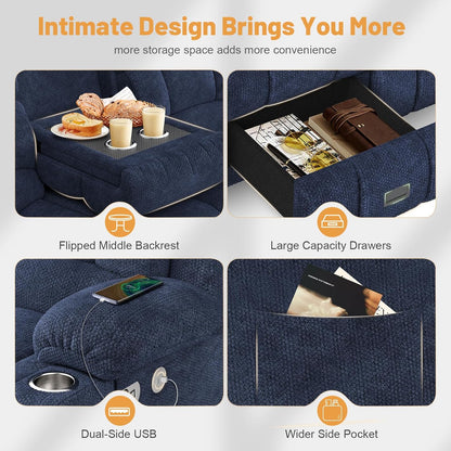 3 Seat Reclining Sofa with Storage Drawer USB Ports & Cup Holders Manual Couch