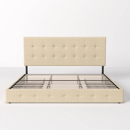 Allewie Upholstered Queen Size Platform Bed Frame with 4 Storage Drawers and Headboard, Square Stitched Button Tufted, Mattress Foundation with Wooden Slats Support, No Box Spring Needed, Light Grey