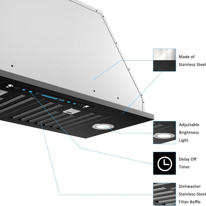 30 inch Built-in/Insert Range Hood 900 CFM, Ducted/Ductless Convertible Duct, Stainless Steel Kitchen Vent Hood with 4 Speed Gesture Sensing&Touch Control Panel(IKB01-30)